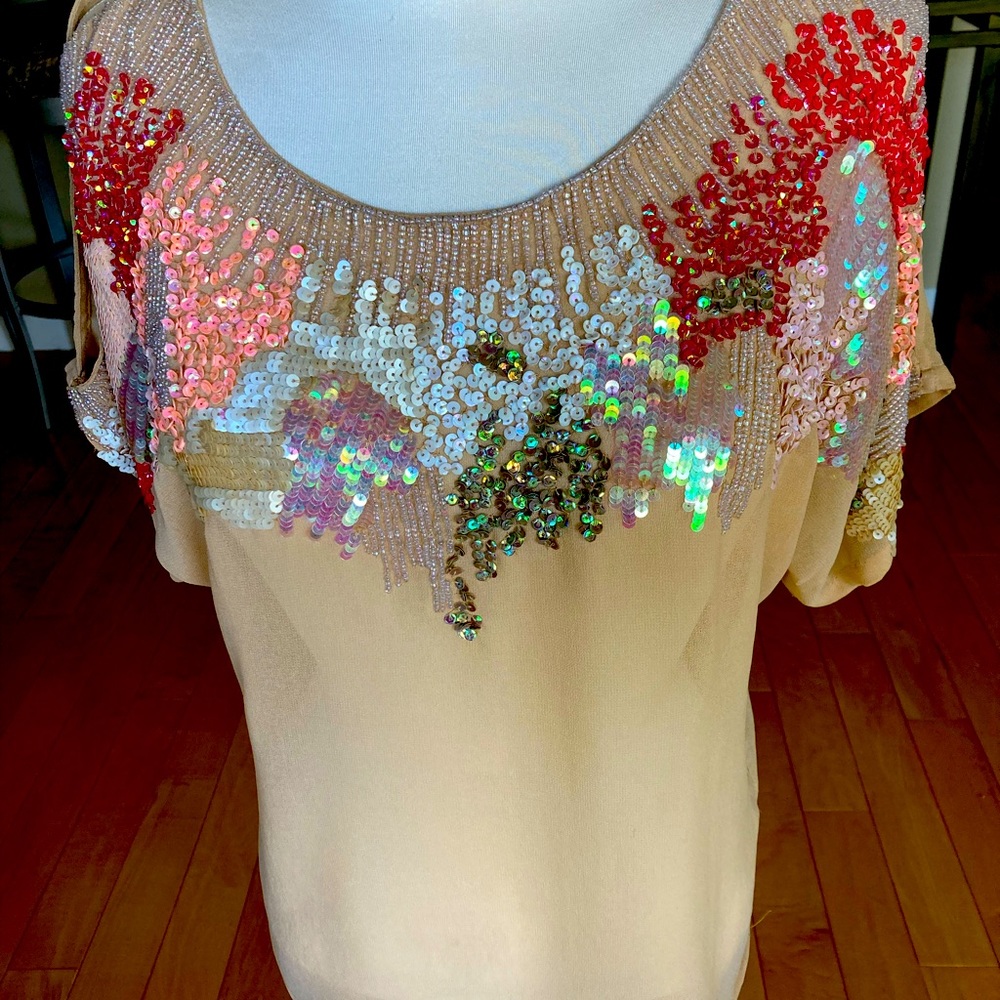 NWT Sheer peach sequin top with open sleeve detail